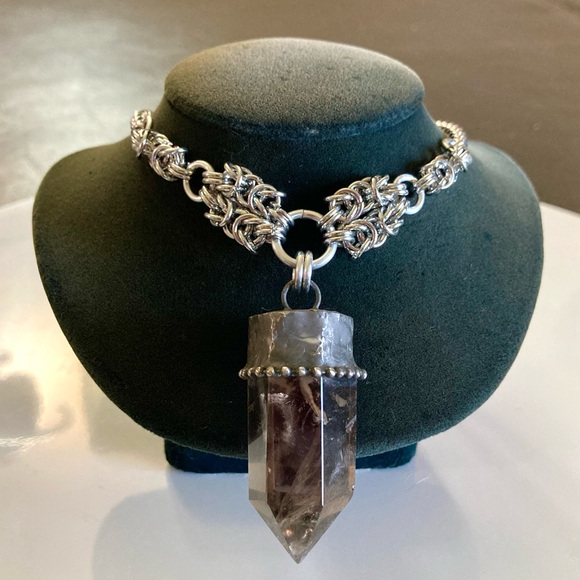 Handmade big raw black Smokey crystal quartz maille silver boho goth necklace - Picture 2 of 16